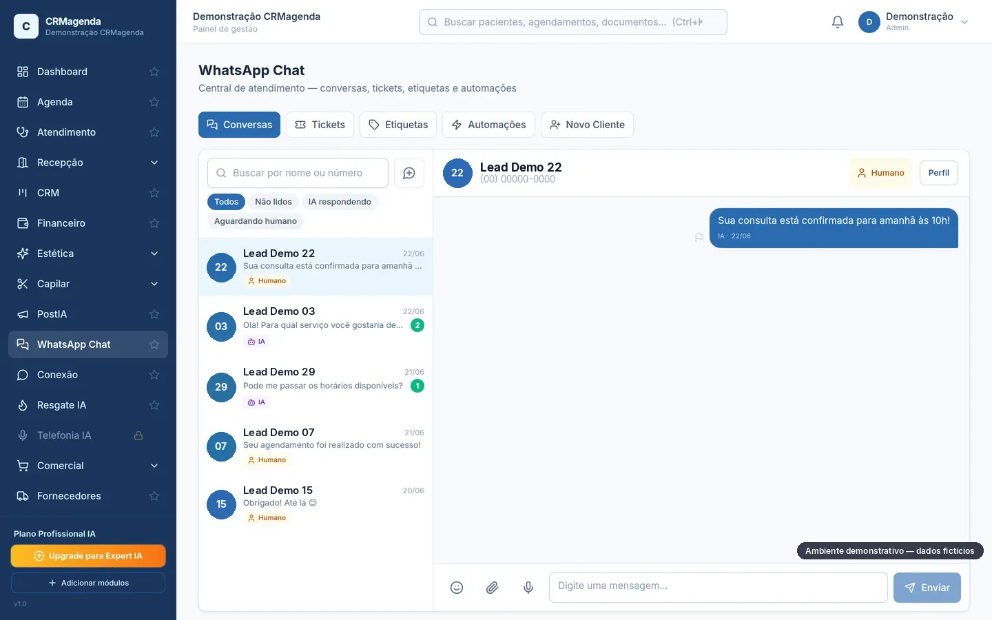Central de atendimento WhatsApp do CRMagenda com conversas marcadas como IA ou humano